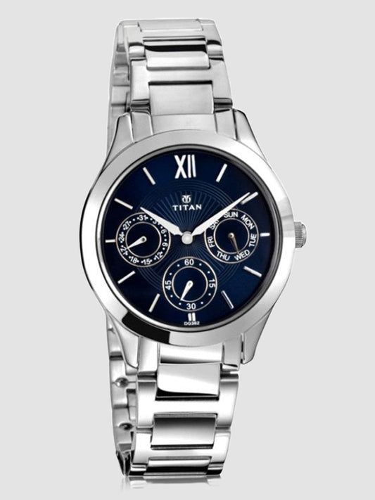 blue dial silver watch