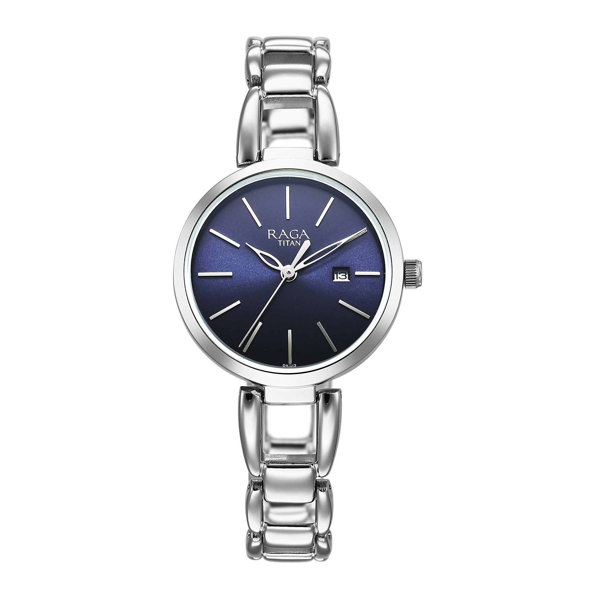 Titan Raga Viva Blue Dial Analog with Date Silver Metal Strap Watch for Women