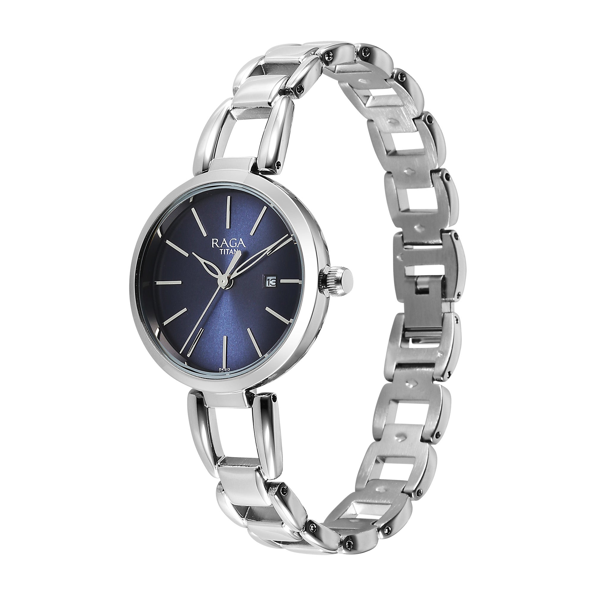 Titan Raga Viva Blue Dial Analog with Date Silver Metal Strap Watch for Women